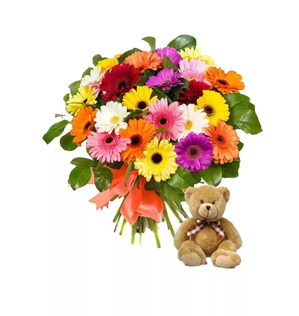 Cheerful Gerberas & Teddy Surprise